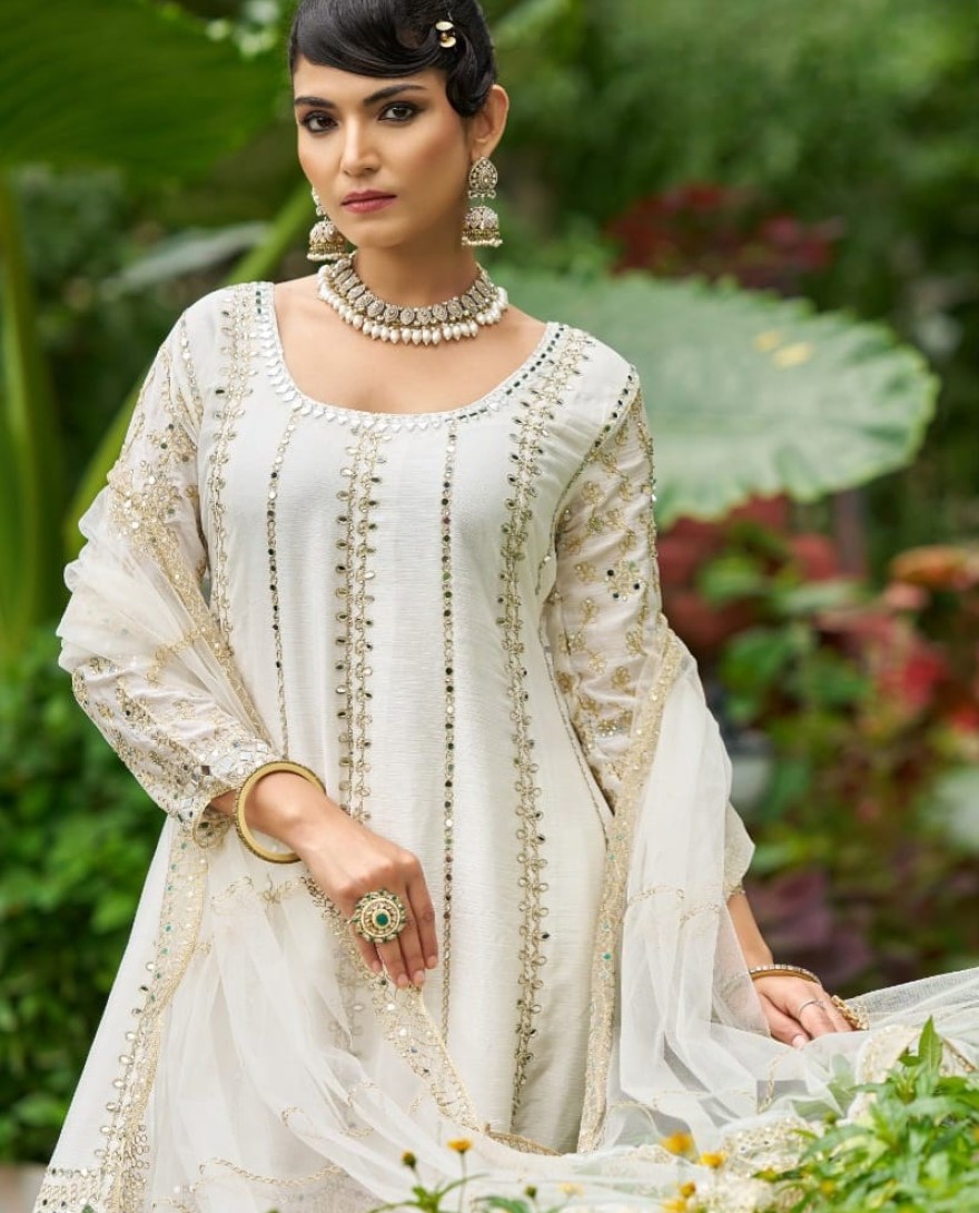 WHITE - Chinon Palazzo Salwar Suit In White Colour